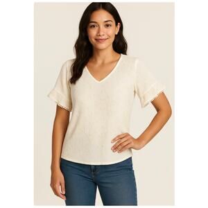 Democracy Ivory Textured Floral Embroidered Flutter Sleeve Pom Trim Top Petite S